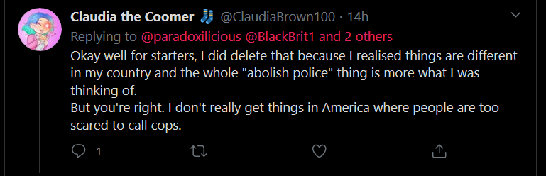 SooooI debated Claudia earlier, and I confronted her about the "not calling cops is privileged" take: