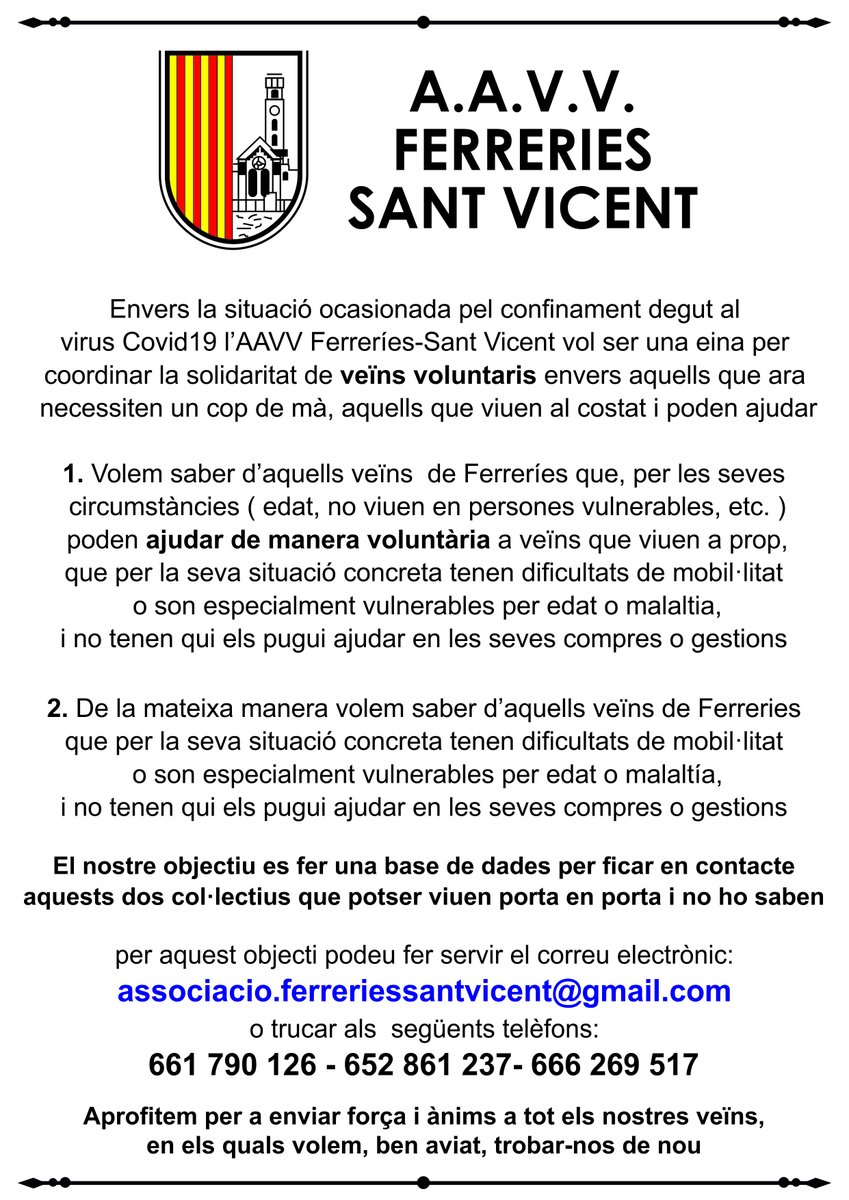 Comunicat de l'AAVV Ferreries envers l'estat d'alarma actual pel Covid19. Ànims i força a tots💪!