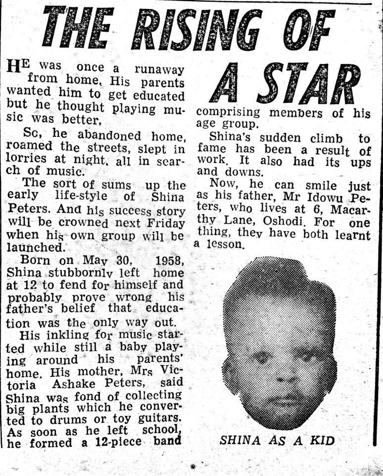 'Shina as a kid' Shina Peters, Afro Juju music creator. Sunday Times. 1977