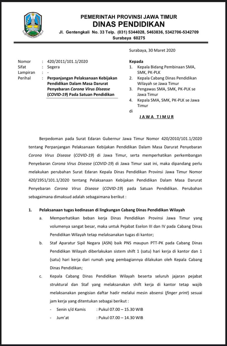 Dindik Jatim On Twitter Surat Kepala Dinas Pendidikan Provinsi Jawa Timur Tanggal 30 Maret 2020 Nomor 420 2011 101 1 2020 Perihal Perpanjangan Pelaksanaan Kebijakan Pendidikan Dalam Masa Darurat Penyebaran Corona Virus Disease Covid 19 Pada Satuan