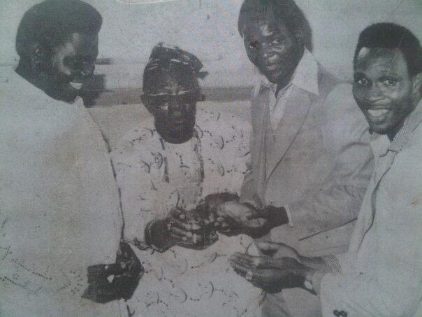 His career in music began when he joined Ebenezer Obey’s Highlife Band and later joined General Prince Adekunle's band as a guitar player.Photo: Ebenezer Obey,Oba Lipede,Sir Shina Peters & Segun Adewale at the Oba's palace on a visit in 1979