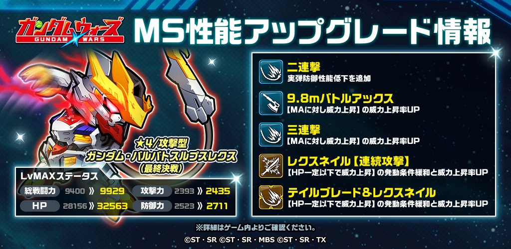 O Xrhsths Line ガンダム ウォーズ Sto Twitter 機体情報 4 攻撃型 ガンダム バルバトスルプスレクス 最終決戦 4 攻撃型 シャア専用ザク 4 攻撃型 トランザムライザー 4 万能 G セルフ パーフェクトパック のスキル ステータスを上方