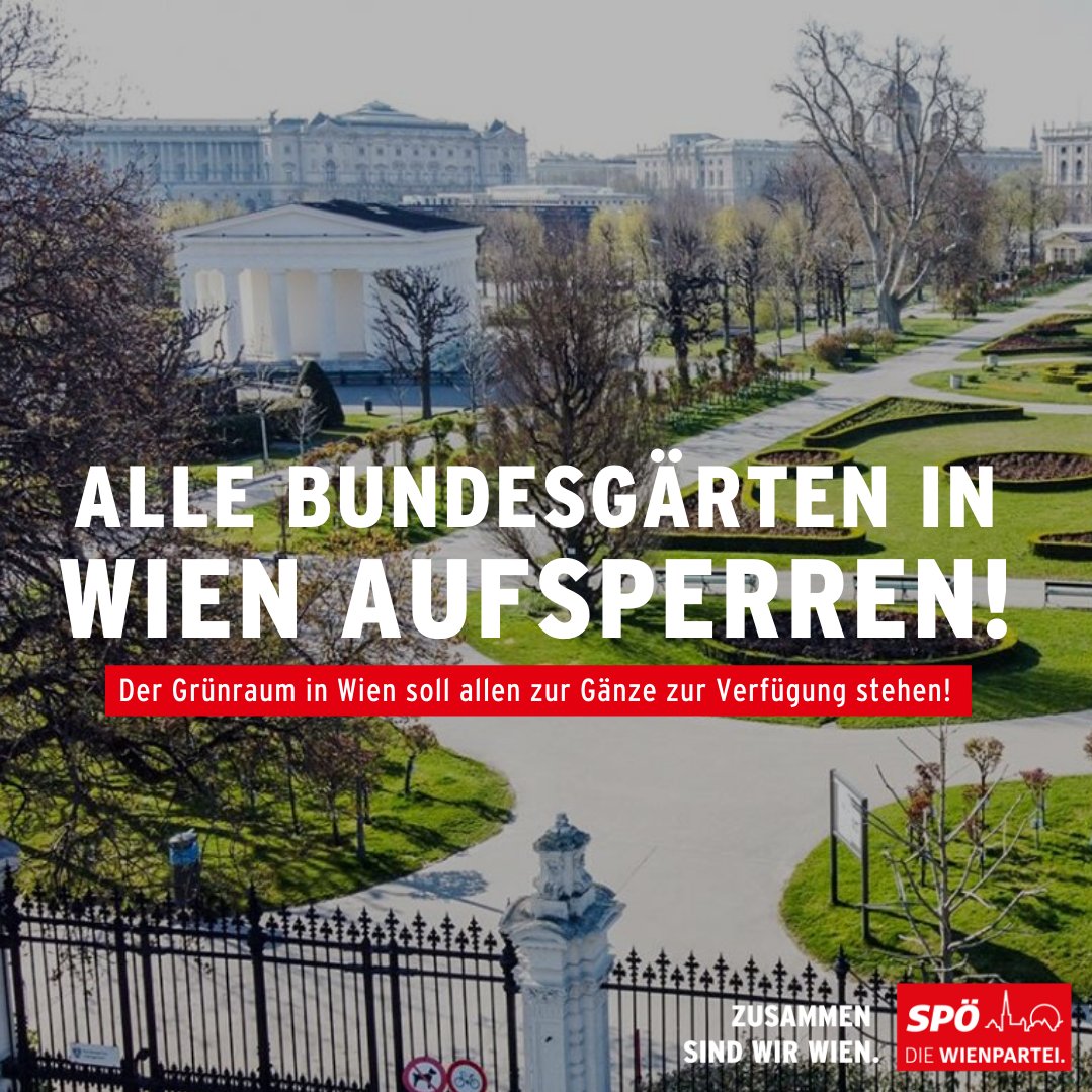 SP_Wien's tweet photo. Bis auf die Bundesgärten in Wien und die Orte, die unter Quarantäne stehen, sind die Parkanlangen in Österreich geöffnet. Der Grünraum sollte den WienerInnen zur Gänze zur Verfügung stehen 🌳! RT wenn Sie unsere Forderung unterstützen! #Bundesgärten https://t.co/jmR3yegRIC