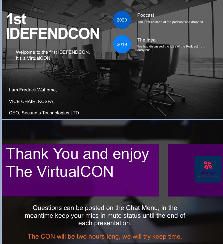 OnNetServices's tweet photo. Please join @wahomefred during the opening session of #IDefendCON Conference which starts today at 1400 hrs, during his Key opening statement.
See you there in a few. https://t.co/cV6xhpZ1BJ