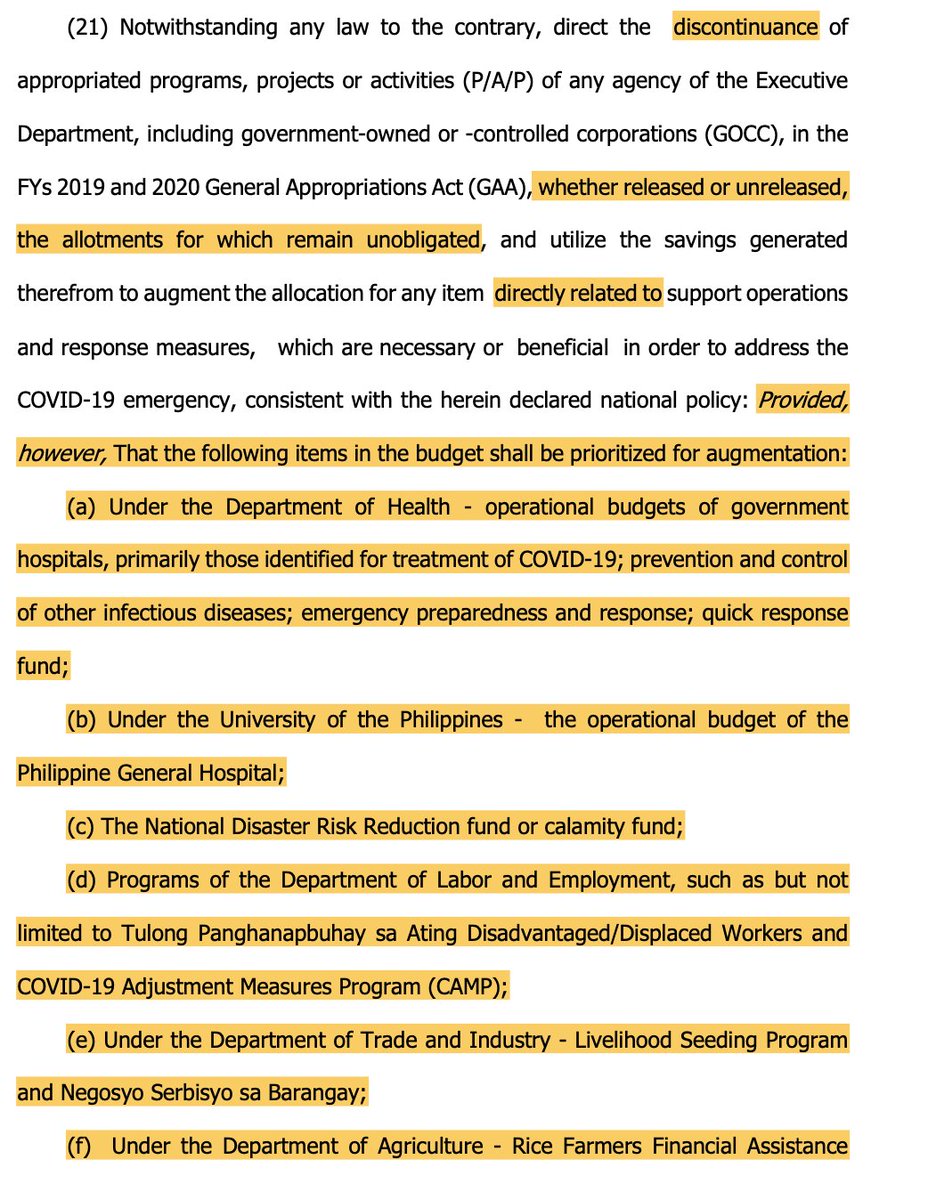 Why could P275B be even bigger? The Bayanihan Act allows the President to declare savings and reallocate these for coronavirus response. The law was also exhaustive on what should be PRIORITIZED in terms of additional funding. Which gets how much?