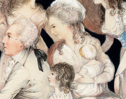 "His third wife Elizabeth Sneyd (standing holding a baby) and numerous other children look on. In 1798 Maria and her father published a two volume treatise 'Practical Education', which became an acclaimed manual for child-rearing."