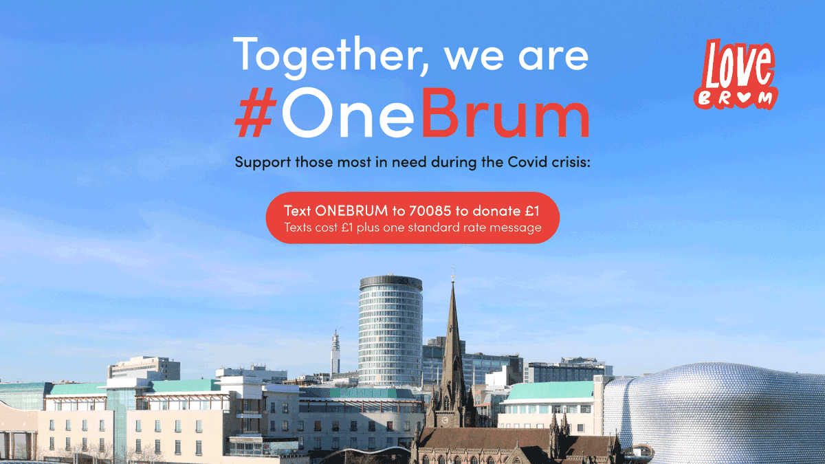 LoveBrumUK's tweet photo. Birmingham, unite.  

Today we launch #OneBrum. We're supporting small charities in Brum, that are helping the most vulnerable members of our community during #Covid-19 crisis

Text ONEBRUM to 70085 to donate £1. (Texts cost £1 plus standard rate message)

https://t.co/iIbWbee801 https://t.co/CJlDkS9ykz