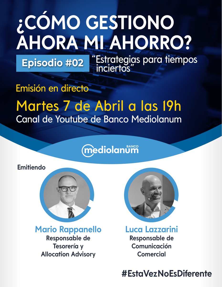 BancoMediolanum's tweet photo. Tras lograr una audiencia de más de 25.000 usuarios, @LucaLazzarini y @MRappanello volverán a emitir en directo mañana a las 19.00h en nuestro canal de youtube para seguir hablando sobre estrategias de ahorro en tiempos convulsos. #EstaVezNoEsDiferente https://t.co/1TDdmSf4Tu https://t.co/BEQItKWQyx