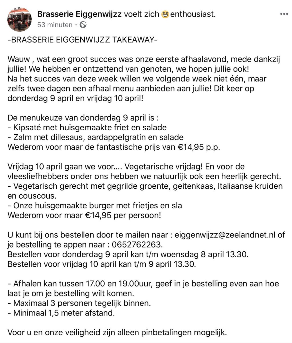 J.H. Verburg (@cuzl_jh_verburg) on Twitter photo Steun de lokale bedrijven! Wat dacht u van een heerlijke afhaalmaaltijd van <a href="/BrasserieEiggen/">Eiggenwijzz</a> in Middelburg? Voor de gerechten en nadere informatie zie de Facebook updates van Brasserie Eiggenwijzz. #TakeAway😋 Steun de lokale bedrijven! Wat dacht u van een heerlijke afhaalmaaltijd van <a href="/BrasserieEiggen/">Eiggenwijzz</a> in Middelburg? Voor de gerechten en nadere informatie zie de Facebook updates van Brasserie Eiggenwijzz. #TakeAway😋