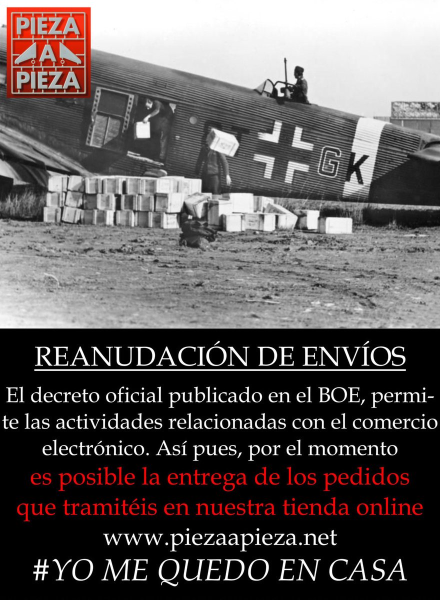 PiezaaPiezaMS's tweet photo. La publicación en el BOE del documento que recoge el cese temporal de la actividad empresarial no esencial, permite el desempeño de todo lo relacionado con el comercio electrónico. Así pues, es posible la entrega de los pedidos que tramitéis en nuestra tienda online. https://t.co/A6KmZcf4hs