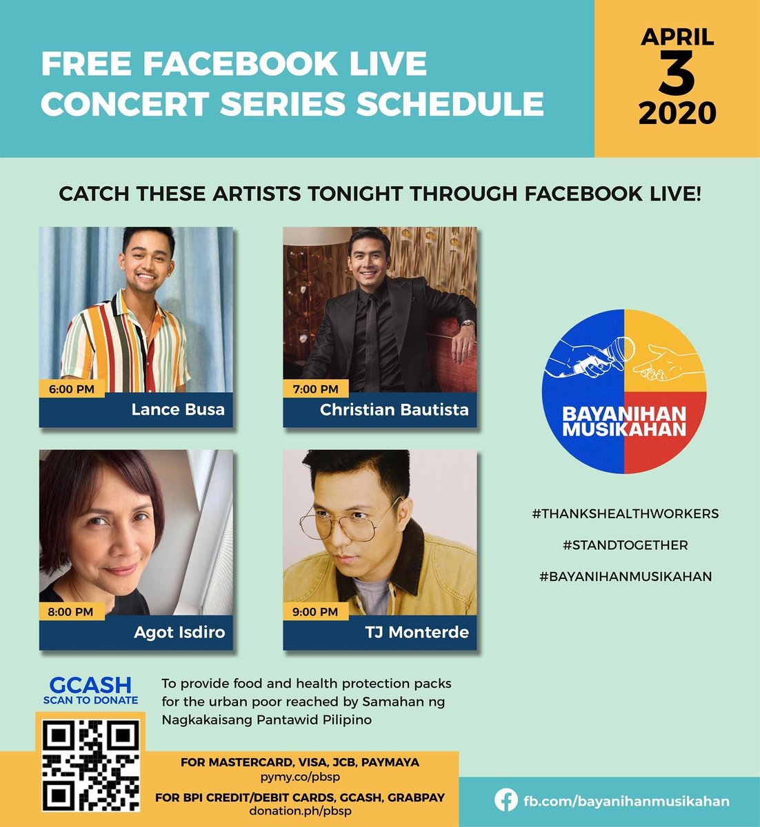 bayanihanmusika's tweet photo. Itโs the weekend!! Just in case you forgot. Coz I sure did. But #BayanihanMusikahan didnโt forget to serve up a fab line up this weekend.
The weekend starts now with #lancebusa @xtianbautista @agot_isidro and ends with #TJMonterde https://t.co/AA5uk3ac7J