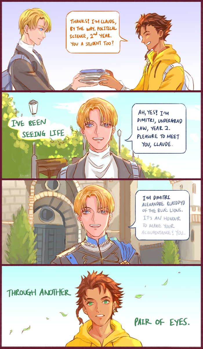 A cheezy af Dimiclaude reincarnation AU to make you feel warm and fuzzy✨

(This is part 1, part 2 in comments)
 
#FireEmblemThreeHouses #FE3H #Dimiclaude 