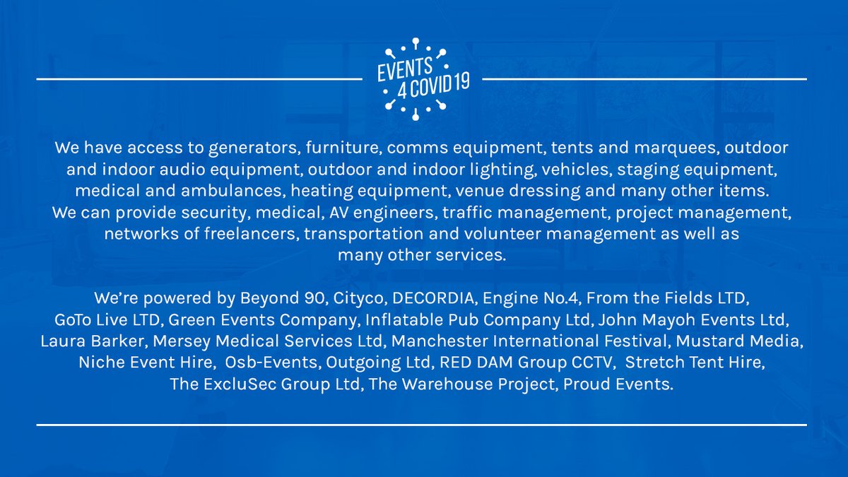 We've brought together a large group of event industry resources to support those on the Covid19 frontline.

We stand ready to assist the NHS, charities, government, and other organisations in the fight. We urge them to submit requests here: bit.ly/REQUESTNW

PLEASE RT
