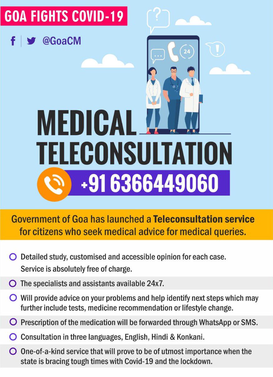 dip_goa's tweet image. #GoaFightsCOVID19 ⁦@goacm⁩ for medical consultation 24X7 call +91 6366449060 ⁦@visrane⁩ ⁦@GoaGmc⁩ #hellodotor #Coronawarriers #godigital
