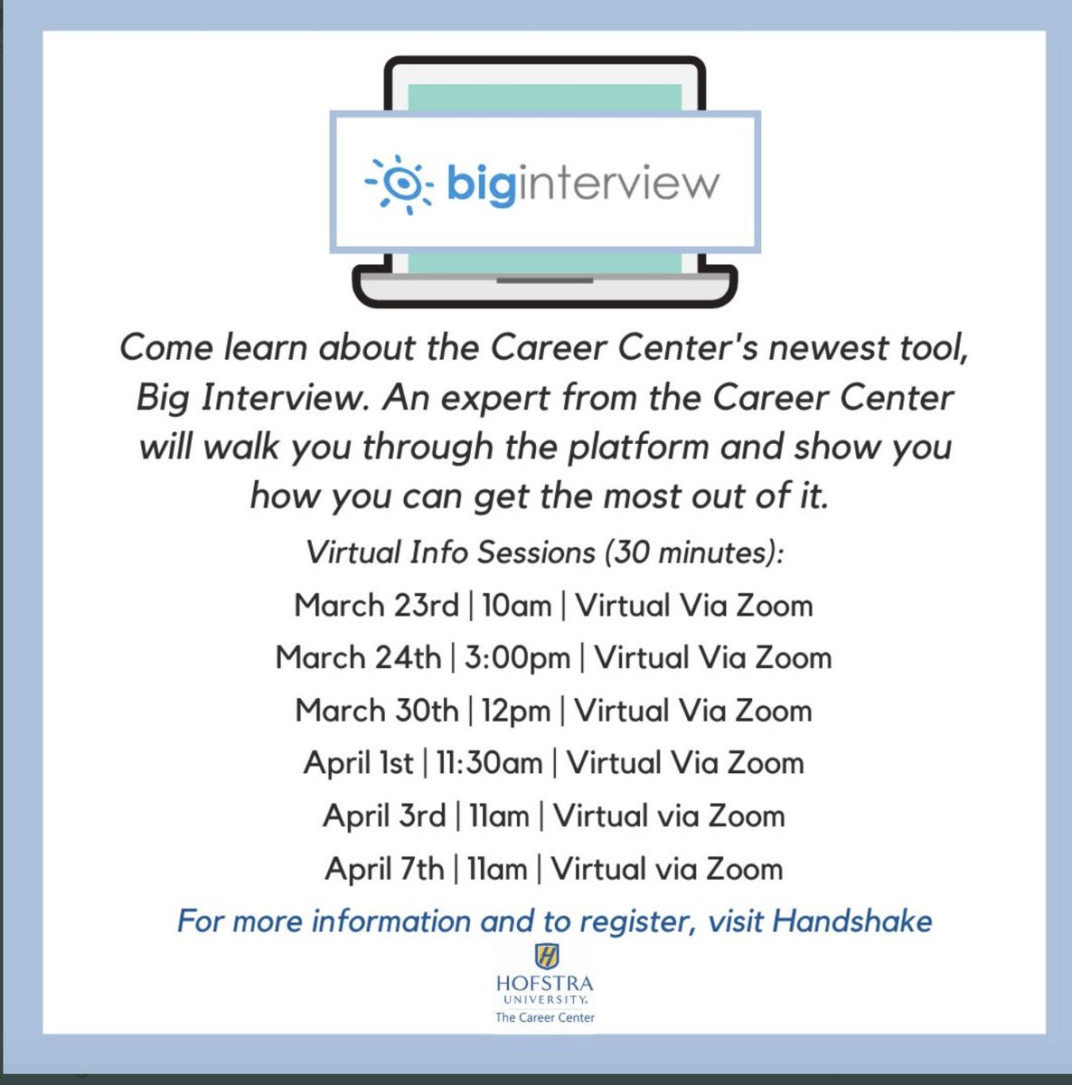 Looking forward to joining the Virtual Zooms Sessions to learn about the Career Center. Thanks Hofstra! #hofstra  #zarbmeansbusiness #hofstramarketing <a href="/HofstraU/">Hofstra University</a>  @Frank_G_Zarb  <a href="/DrLiHuang/">Dr. Li Huang (Ph.D.)</a>