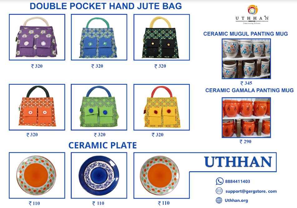 Buy Double Pocket Handmade Jute Bags @ Rs. 320 /-
Ceramic Plate @ Rs. 110 /-
Ceramic Painted Mugs @ Rs. 290 & Rs. 345 /-

We do have all kinds of Handmade products from the Artisans.
#uthhan #handmade #handicraft #jute #jutebags #bags #ceramic #ceramiccups #ceramicplates #artisan
