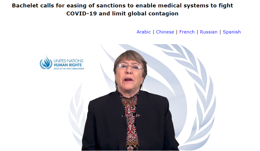  Sanctions:  @mbachelet says that "broad sectoral sanctions" on countries facing the  #CoronaCrisis should be "re-evaluated". In   #Iran, e.g., at least 1,800 people have died from COVID-19 - and sanctions on medicine & equipment have a big impact:  http://bit.ly/SanctionsCorona 