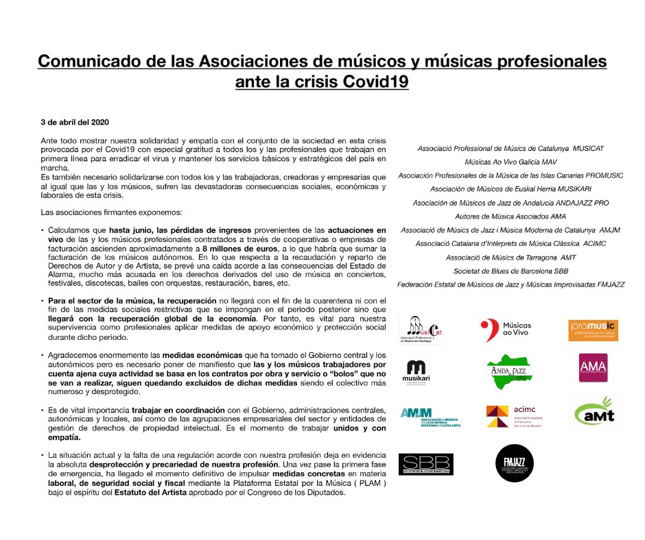 musicstgn's tweet photo. Comunicat de les Associacions de Músics i Músiques Professionales davant #Covid19 @amjmcat
@MusicsCat @Musicos_ao_Vivo #musikari @AsocPromusic @AndajazzFed #ama @ACIMC2 #SBB #fmjazz https://t.co/7WwEYXLrG0