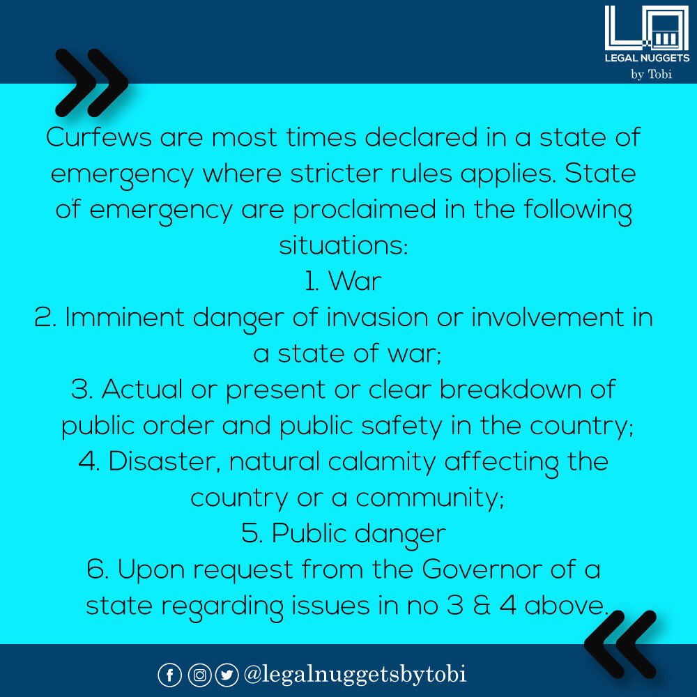 QUESTION OF THE WEEKWhat is the difference between a state of emergencyand a curfew . What instances can they be invoked? #thread  #law  #legal  #Curfew  #legal  #law  #legalnuggets  #stateofemergency  #legalnuggetsbytobi  #legaleducation  #COVID19  #StayHome  #COVIDー19