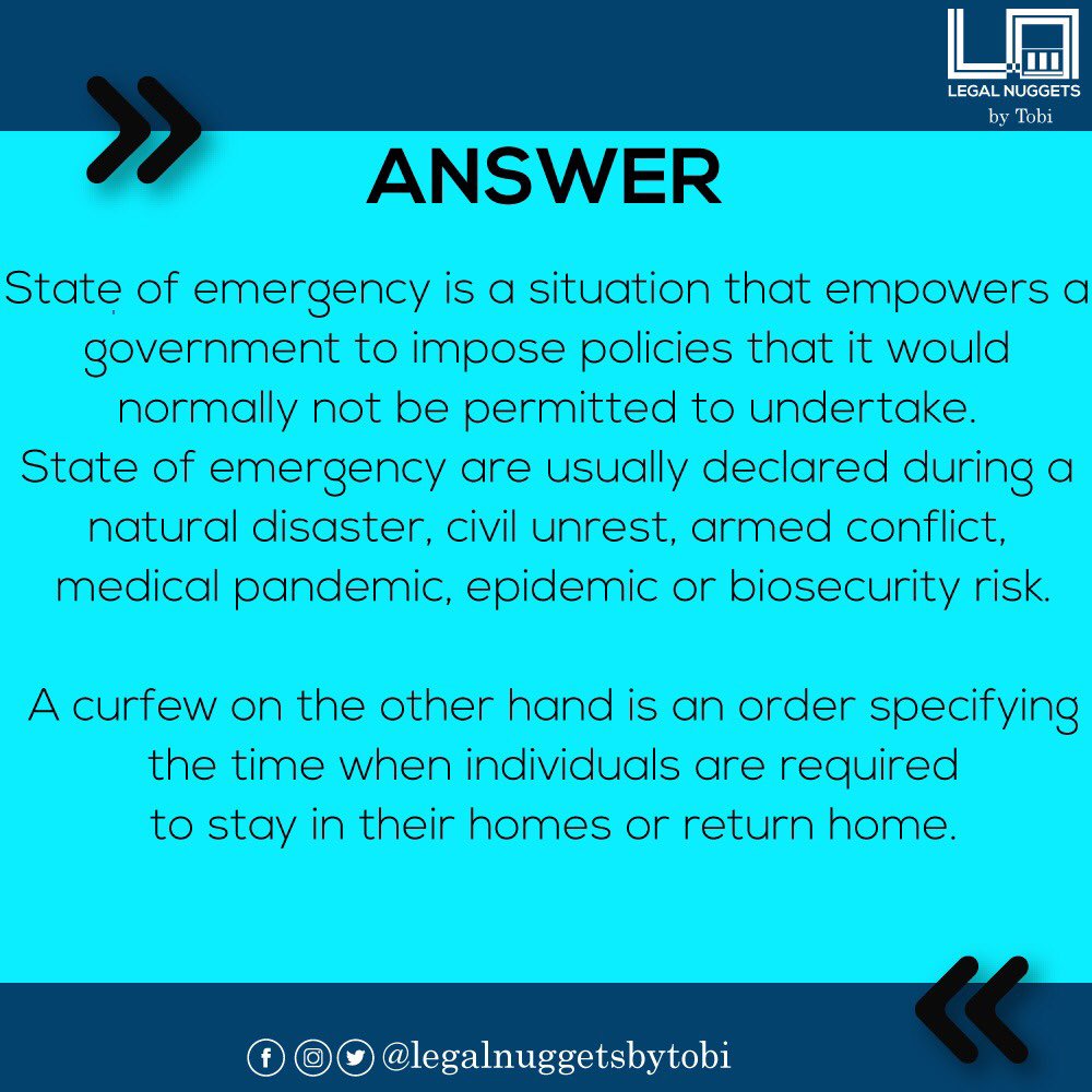 QUESTION OF THE WEEKWhat is the difference between a state of emergencyand a curfew . What instances can they be invoked? #thread  #law  #legal  #Curfew  #legal  #law  #legalnuggets  #stateofemergency  #legalnuggetsbytobi  #legaleducation  #COVID19  #StayHome  #COVIDー19