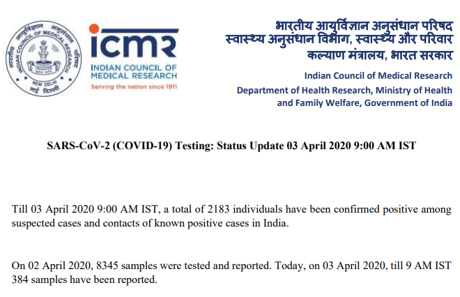 Are we back to the daily two update mode..?? Total 8345 tests on 2nd April and 384 on 3rd April till 9AM.Hope  @ICMRDELHI maintains one channel & routine of giving out official info - cumulative tests, +ve results, pending results, daily no of PCR & Fastkit tests at fixed time
