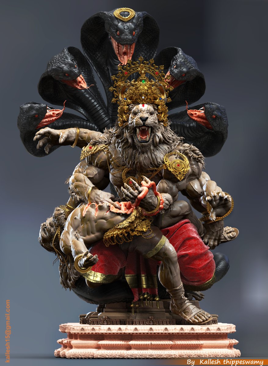 Narasimha got hold of Hiranyakashipu and placed him across his thighs. With his claws, he tore apart the demon`s chest and killed him without violating nay condition of Brahma`s boons. Narasimha was neither man nor beast, he was half man & half beast.