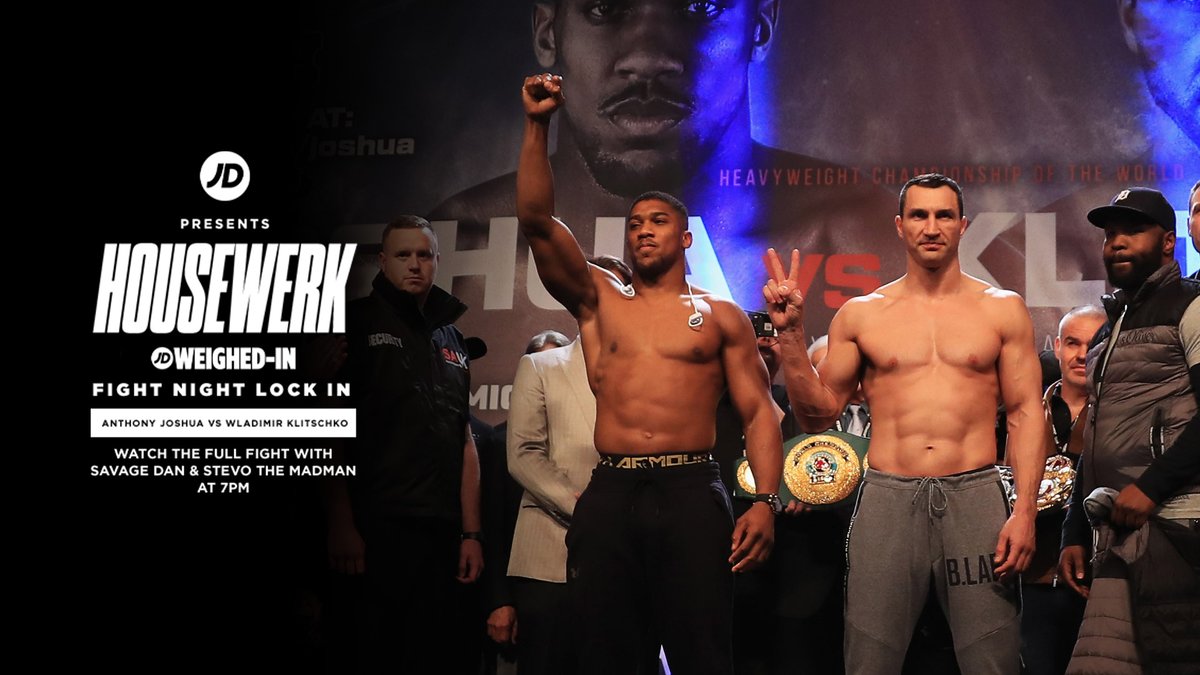 MatchroomBoxing's tweet photo. Don't miss the #JDWeighedIn Fight Night Lock In tomorrow at 7pm (BST) ๐
@JDSports @JDOfficial
๐ @anthonyfjoshua vs @Klitschko
๐๏ธ @Savage_Dan_ & @StevoTheMadMan
๐ https://t.co/fw790I4lP0 https://t.co/j6xEjscZc0