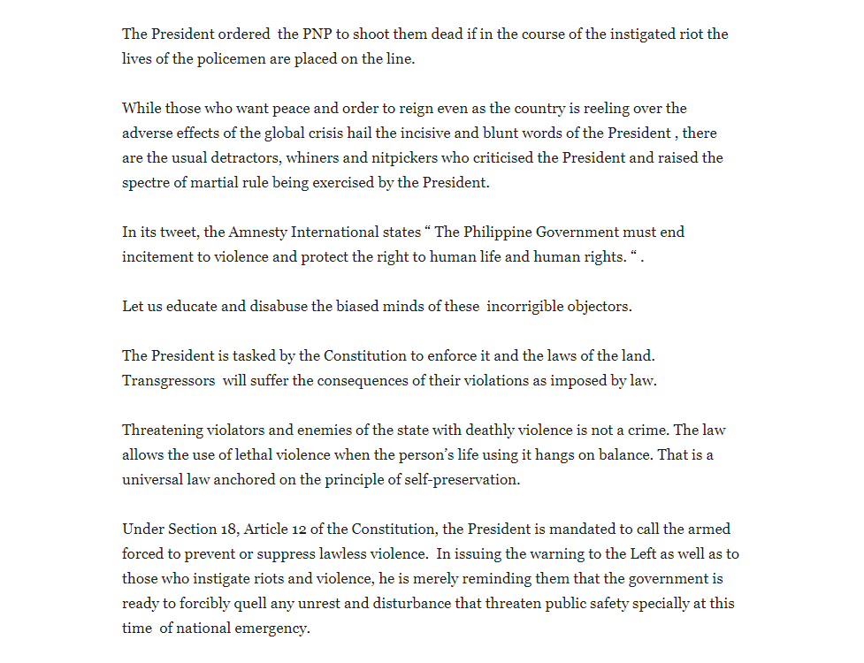 PTVph's tweet photo. READ: Presidential Spokesperson on PRRD's threatened violence against trouble makers and seditious inciters https://t.co/BxFBRaUha0
