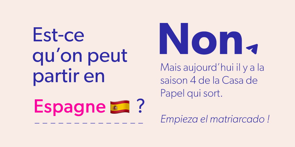 onpeutpartir's tweet photo. L'Espagne, c'est non. @NetflixFR 

#estcequonpeutpartir #confinementjour18 #CasaDePapel4 https://t.co/huH0dfZTLf