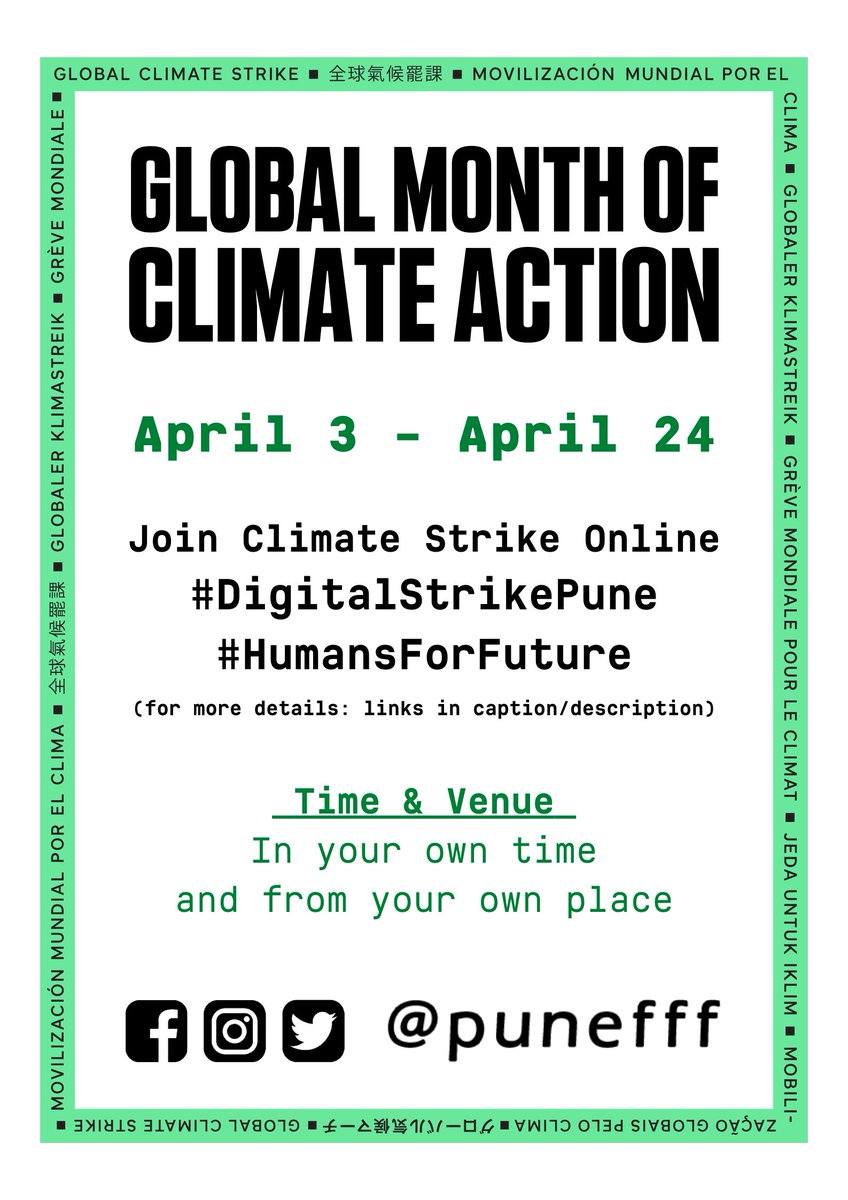 punefff's tweet photo. Global Month of #ClimateAction
April 3 β April 24
Join #ClimateStrikeOnline
#DigitalStrikePune #HumansForFuture
more details:
https://t.co/nJteuWzVpa
https://t.co/x7wunLlVio
Time & Venue:
In your own time and from your own place
#DigitalStrike
#ClimateEmergency
#ClimateJustice https://t.co/L77MP7GwXY