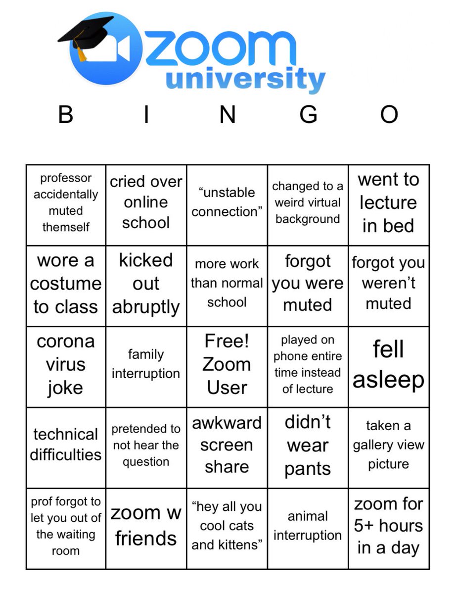 kpilch99's tweet photo. school bingo lol #ZoomUniversity https://t.co/np8cCiEZr6