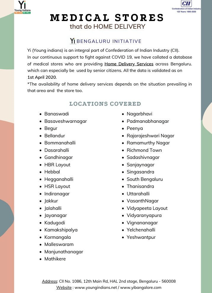 GBAChiefComm's tweet photo. Young Indians, a part of CII has collated an area-wise list of pharmacies that deliver medicines to the doorstep.

ಸಾರ್ವಜನಿಕರಿಗೆ ಅನುಕೂಲವಾಗುವ ನಿಟ್ಟಿನಲ್ಲಿ ನಗರದ ವಿವಿಧೆಡೆ ಅಗತ್ಯವಿರುವವರಿಗೆ ಔಷಧಿಗಳನ್ನು ಮನೆ ಬಾಗಿಲಿಗೆ ತಲುಪಿಸುವ ವ್ಯವಸ್ಥೆ ಕಲ್ಪಿಸಲಾಗಿದೆ.
#StayHome #BBMP

https://t.co/t8hkBjU5Pz https://t.co/O0K1vHRArf