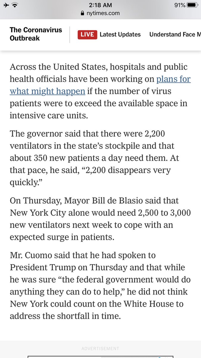 2/ Yesterday, with 3,300 people on ventilators statewide,  @NYGovCuomo warns that ventilator demand is rising by 350 a day and the state has only 2,200 ventilators left in its stockpile, giving it just six days left - a warning dutifully parroted by  @nytimes...