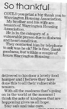 WHAorguk's tweet photo. It's always great to receive positive feedback form our #Warrington community & it's especially nice when we are working harder than ever, to help our #customers #StayAtHomeAndStaySafe #WeShare @natfednews @CommunityHsg_NW @placeshapers Thank you! https://t.co/cKRYIT0olt