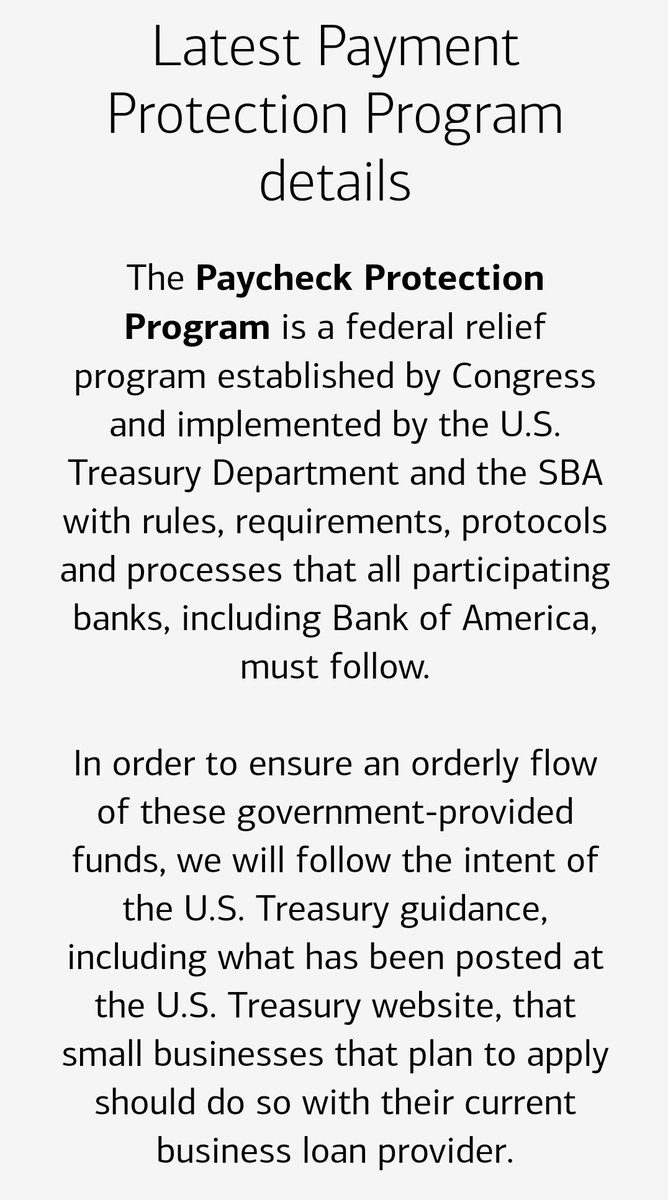 So about Bank of America's role in the Paycheck Protection Program? 

If you don't have a business bank acct &amp; credit there already,  they don't want you

Those business products they talk about? Almost impossible for clients without $250k/yr in revenue to get.

Good one, BofA 1/