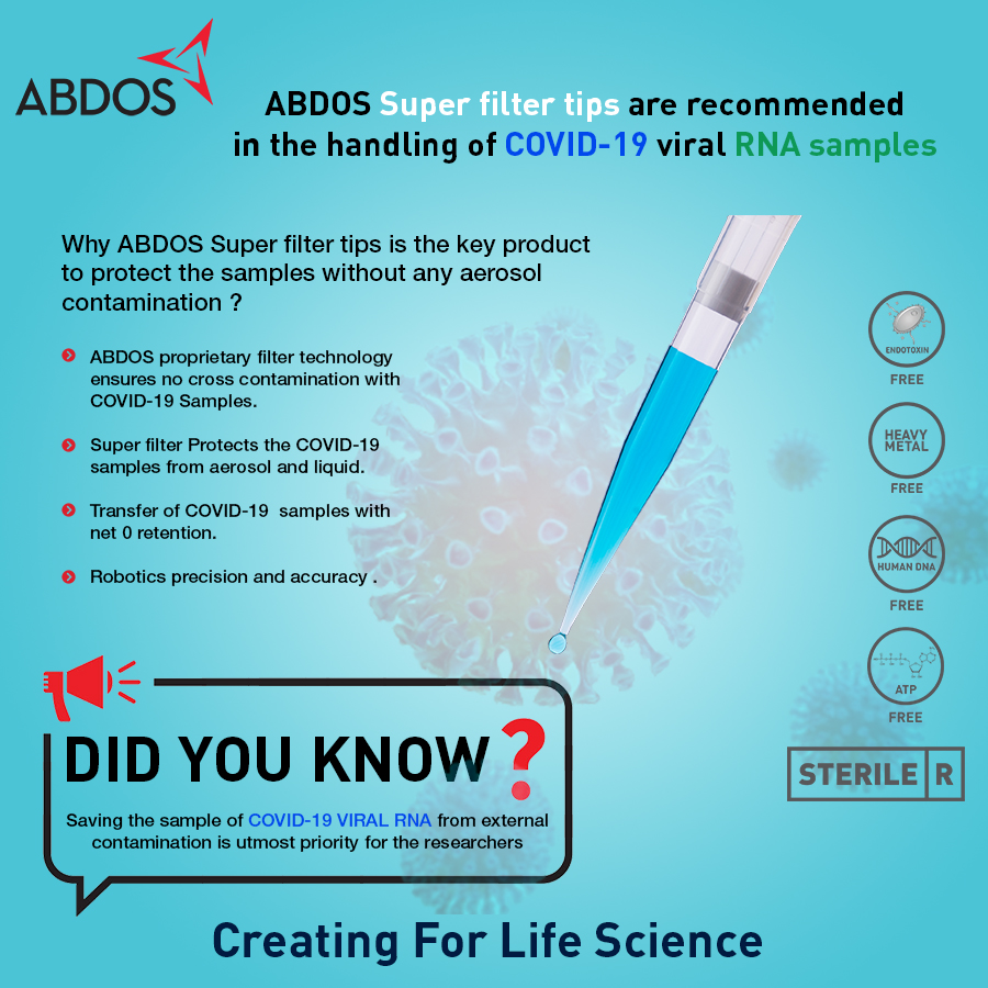 AbdosLabtech's tweet image. ABDOS Super filter tips are recommended in the handling of COVID-19 viral RNA samples !

#creatingforlifescience #lifesciences #abdos