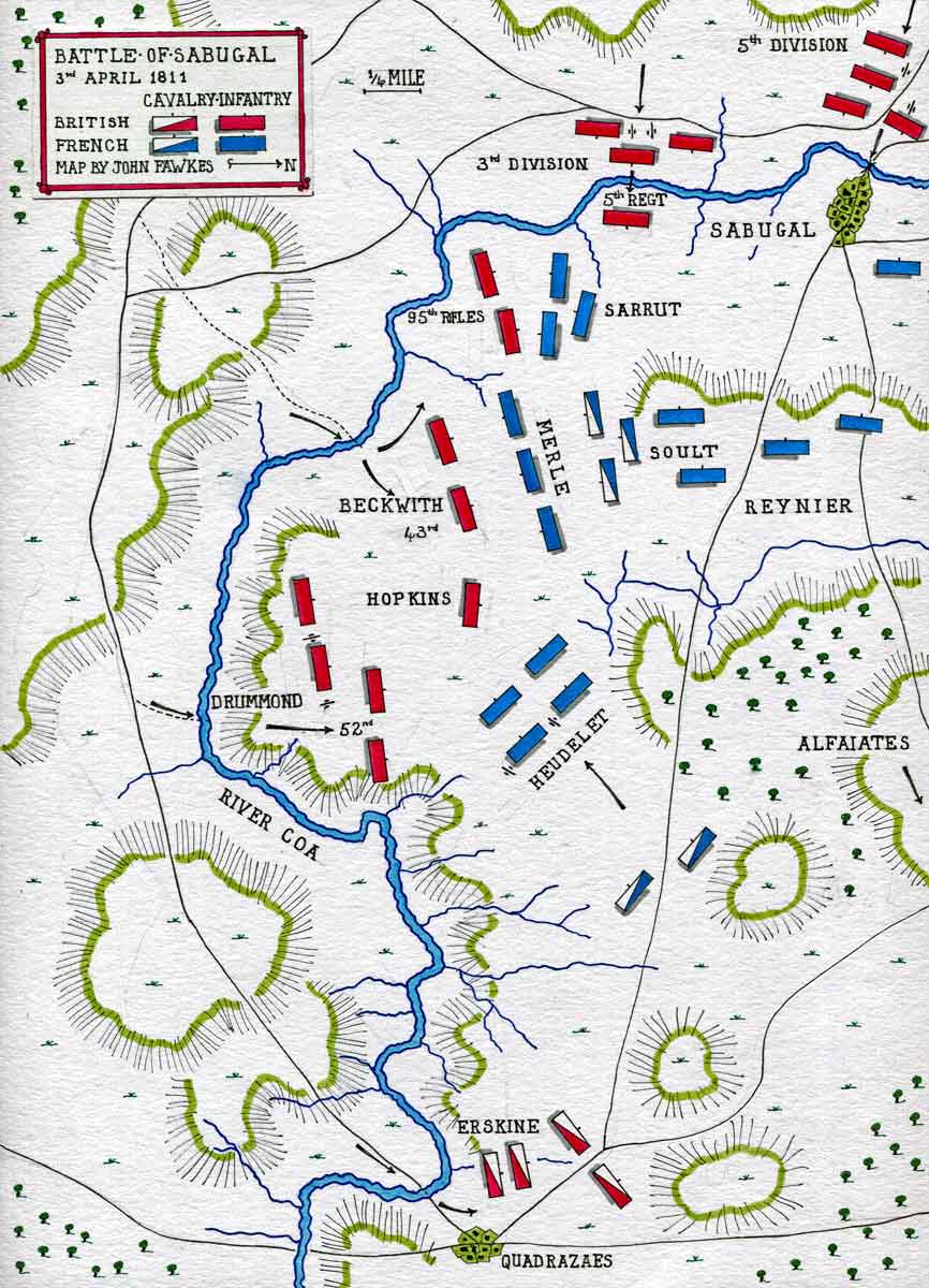 Picton & Dunlop (3rd & 5th) request confirmation attack to proceed but Erskine (Light) orders his men forward. Beckwith, commanding lead brigade, crosses at wrong point. Instead of attacking French flank runs into main body. Drives in pickets & advances but soon forced to halt.