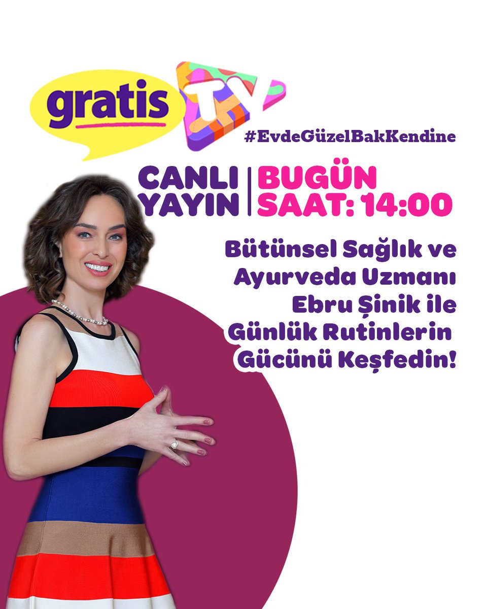 GratisTr's tweet photo. Ebru Şinik ile günlük rutinlerin gücünü keşfedin! Şinik, günlük rutinlerin sağlık, mutluluk ve güzelliğinizdeki önemli rolü hakkında sizleri bilgilendirmek için bugün 14.00'de Gratis TV’de CANLI YAYINDA olacak! #EvdeGüzelBakKendine #GratisTV https://t.co/tNT7BnM6r2