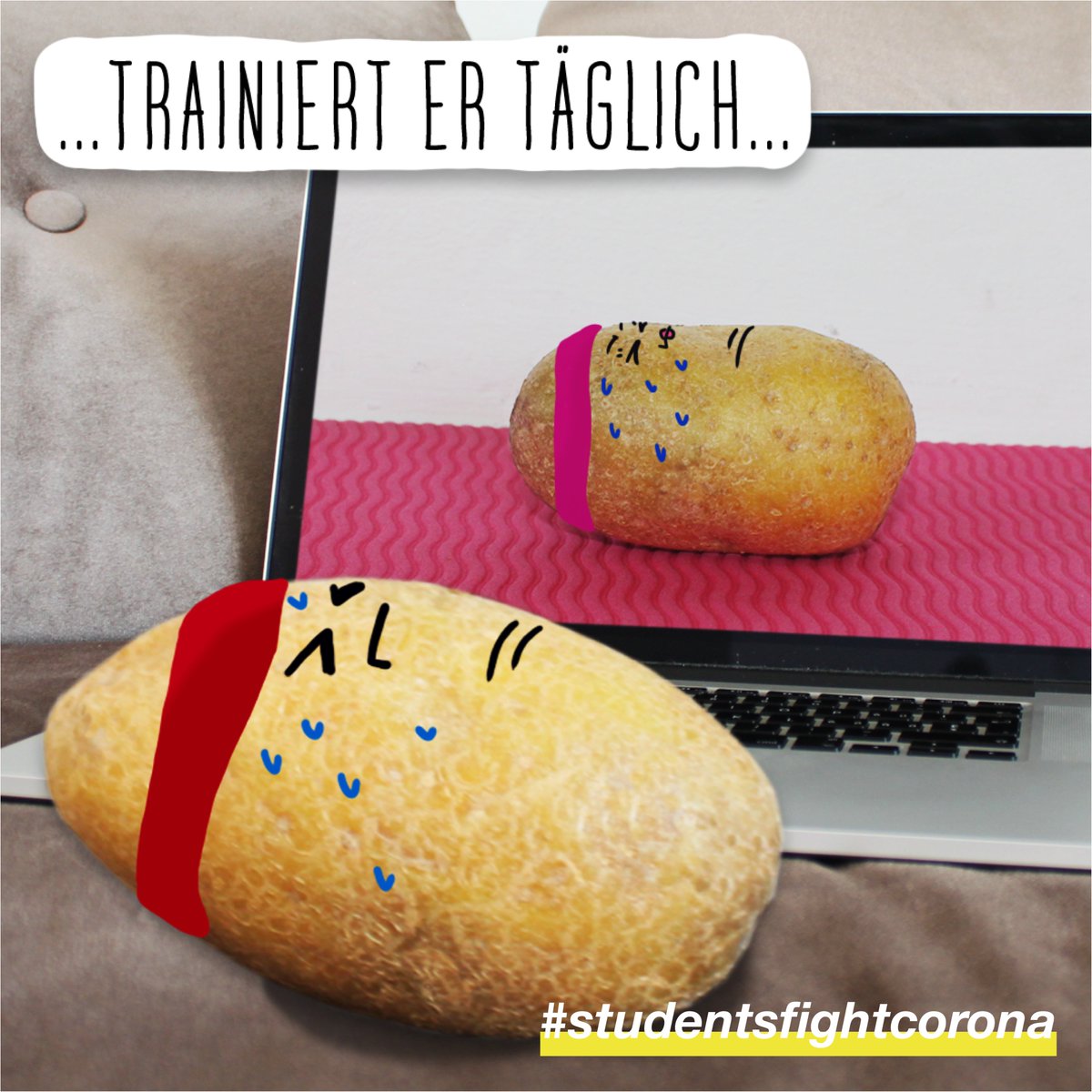 studentsXcorona's tweet photo. Sport in Zeiten des #Coronavirus? Was unmöglich scheint, wird wahr: Mr. Couch Potato findet seine Motivationsquelle. 1/2 

#couchpotato #love #sport #bergsteigen #träume #held #hero #motivation #aftercorona #coronaart #CHvsCOVID19 #studentsfightcorona https://t.co/3hIOg0TpRz
