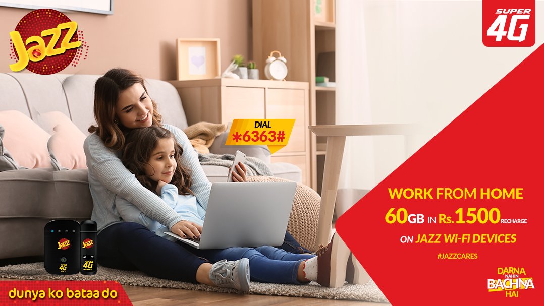 jazzpk's tweet photo. Stay Home &amp; Stay Connected with Jazz Home &amp; Super 4G Wi-Fi Devices, dial *6363# to get 60GB per month for Rs.1500 and 100GB per month for Rs.2000 Jazz Load. For more details, visit: https://t.co/1q7UiPV07O

#JazzCares #JazzSuper4G #DunyaKoBataaDo https://t.co/fAvgMF0G3n