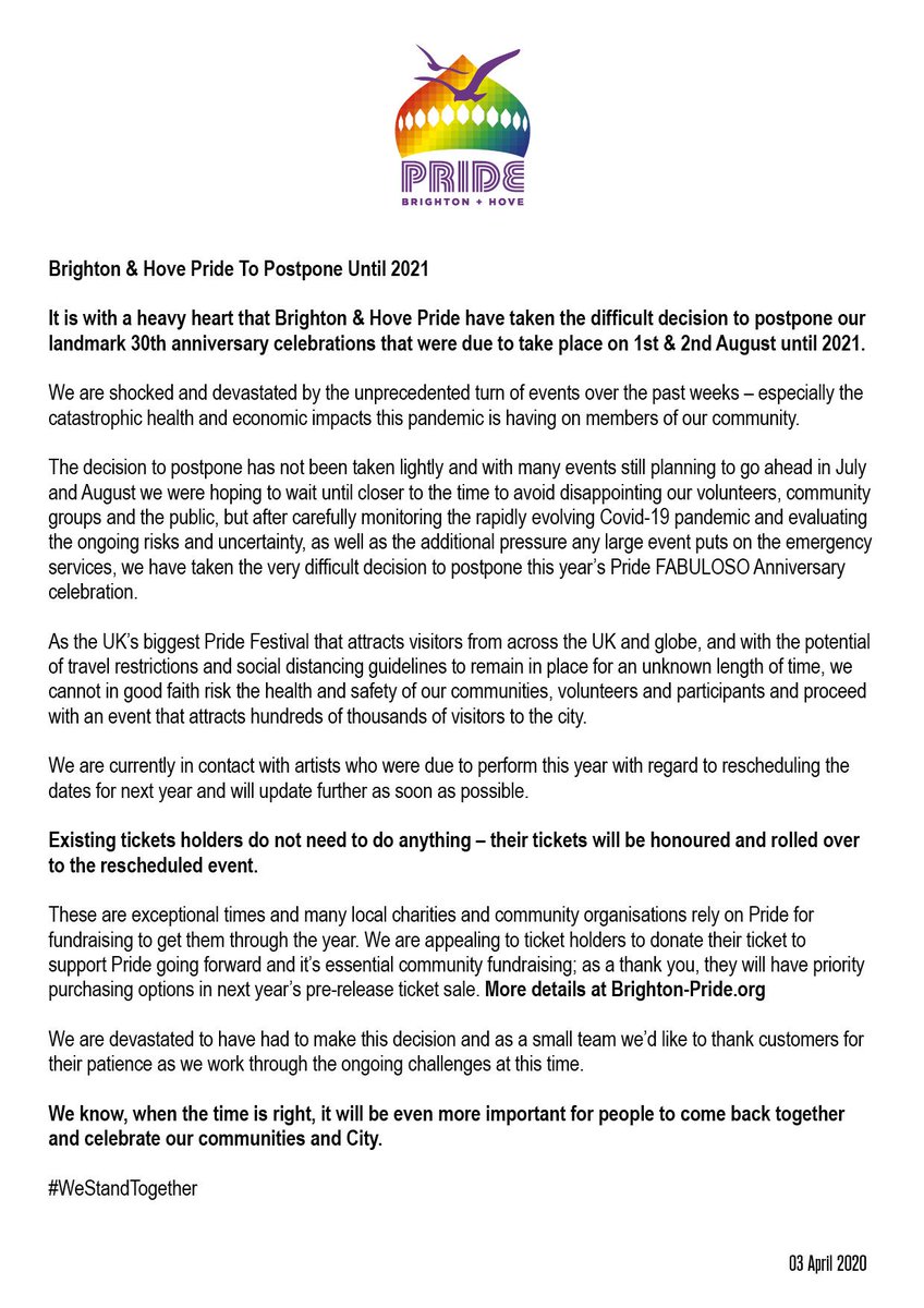 PrideBrighton's tweet image. It is with a heavy heart that Brighton &amp;amp; Hove Pride have taken the difficult decision to postpone our landmark 30th anniversary celebrations that were due to take place on 1st &amp;amp; 2nd August until 2021.

Read full statement here: brighton-pride.org/pride-2020-pos…