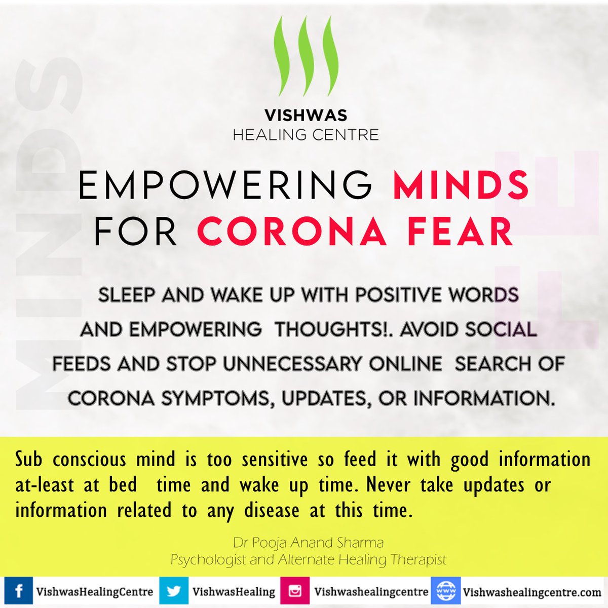 VishwasHealing's tweet photo. Subconscious mind is too sensitive so feed it with good information at-least at bed time & wake up time.
#Thoughts #Message #EmpoweringMinds #CoronaVirus #Covid19 #Fear #Stress #Anxiety #Symptoms #Subconscious #Disease #illness #crisis #Awareness #Faith #SmileTherapy #SmileChain https://t.co/jyYJDLfXiu