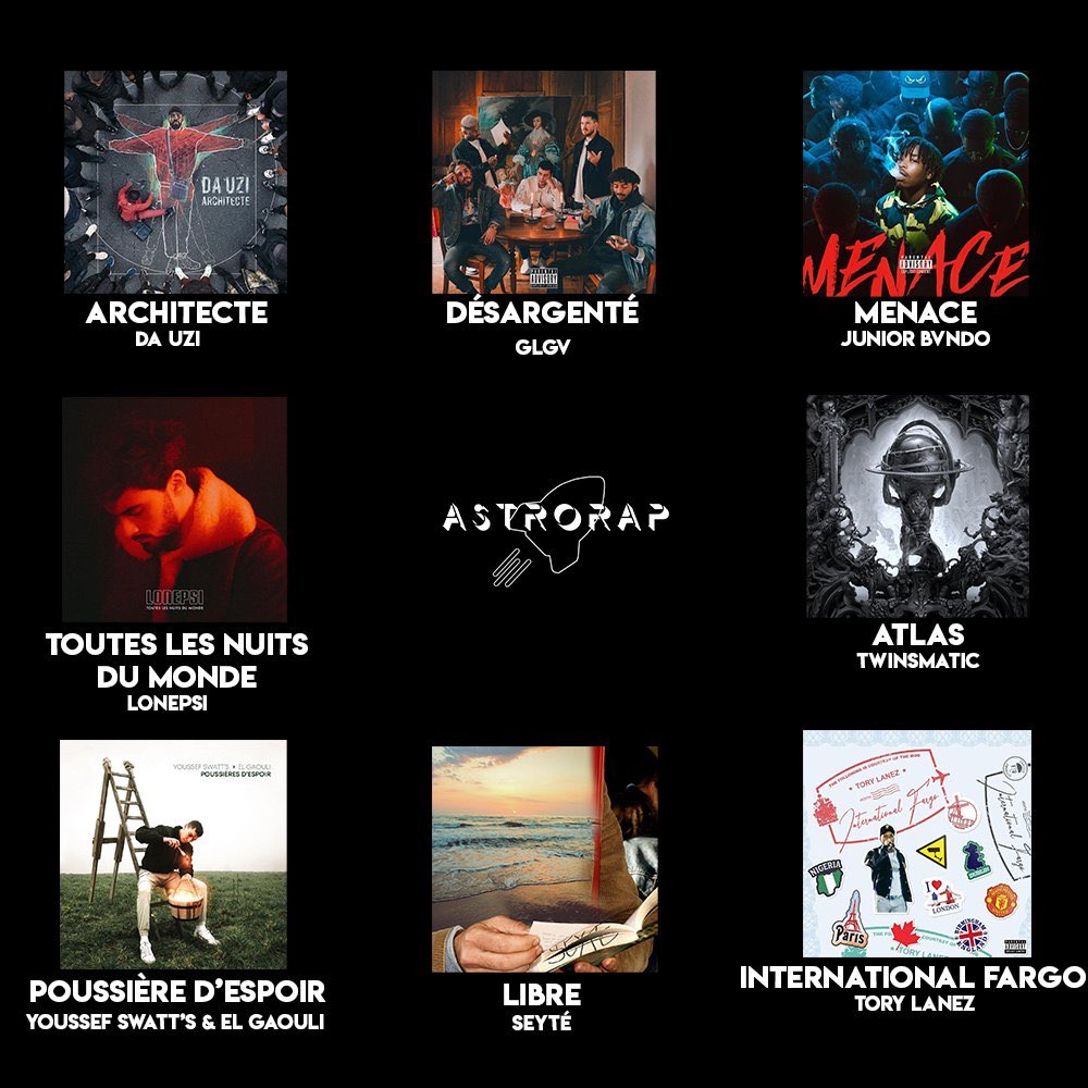 Astrorap1's tweet photo. Les sorties rap d’aujourd’hui  ☄️🤝 : 

@DaUzi270 - Architecte
@glgv__ - Désargenté
@junior_bvndo - Menace 
@Lonepsi - Toutes les nuits du monde
@twinsmatic - Atlas 
@youssefswatts &amp; @elgaouli - Poussière d’espoir 
@torylanez - International Fargo https://t.co/YWyeY3tJvb