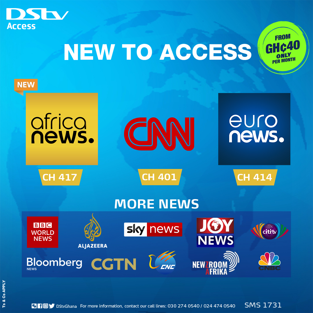 Stay connected to DStv and be informed on all the news making headlines in  Ghana and across the globe. Catch CNN, Africa News, Euro News and more, now  available on the DStv