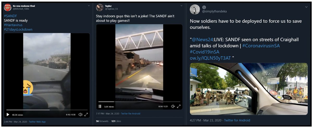 Social media mentions surged after the announcement by  @PresidencyZA that a 21 day lockdown will be enforced to combat the spread of  #COVID19. Many of these including legitimate sightings of  #SANDF troops in the process of the deployment preperations.