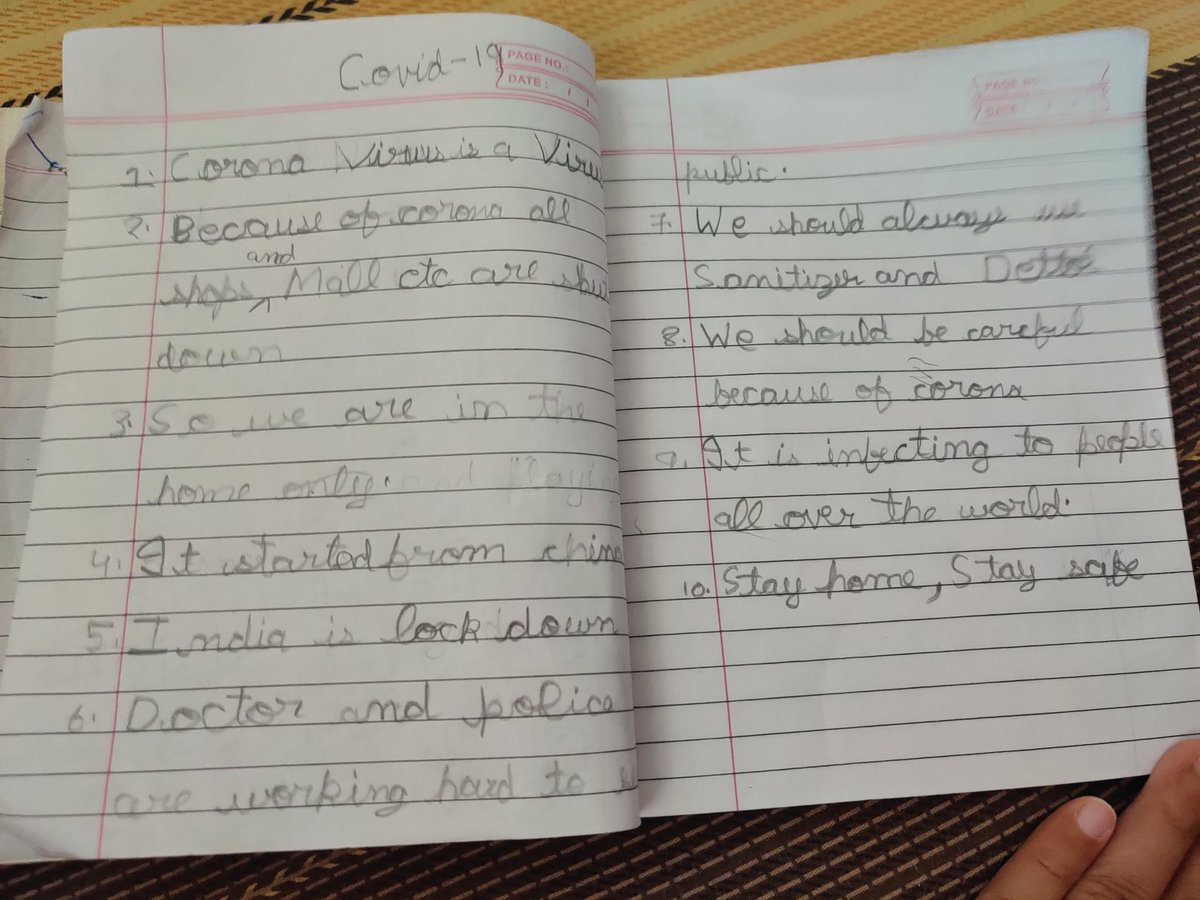 preetiGvt's tweet photo. Asked my 7 yr old #Son to write 10 lines on #Coronavirus..surprised !!!!! how deep this virus threat has instilled in younger brains??? and how aware the kids are??? #lockdownindia
#fightagainstcorona
@YSR_IPS https://t.co/Qfgdy61G7S