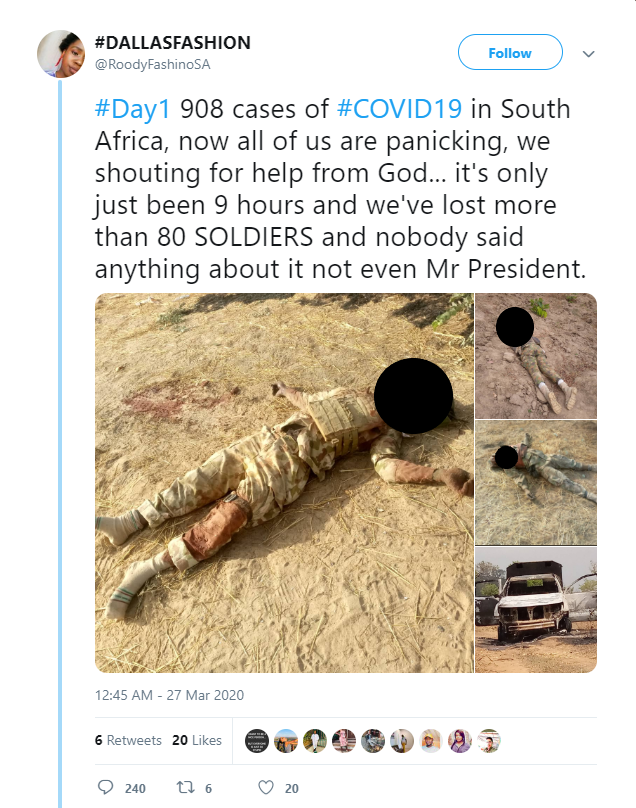 Videos, originally from Brazil and the United States, were shared in what seems attempts to seek clout.One account, now suspended, claimed that 80 SANDF soldiers died within the first 9 hours of lockdown, using photos of a Boko Haram ambush against Nigerian soldiers.