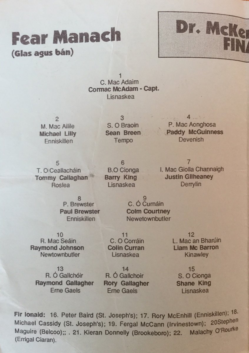 fermanaghcnamb's tweet photo. Today’s programme it’s the 1997 @UlsterGAA McKenna Cup final when @FermanaghGAA managed by the late Pat King &amp; captained by Cormac McAdam defeated @TyroneGAALive in Clones. Many great players on show.  @ErrigalCiaran1 represented in both squads! @cnambnaisiunta @LisnaskeaEmmett https://t.co/GdSRCYeJl2