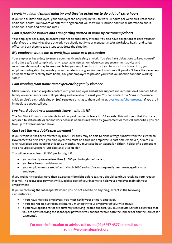 The Women’s Legal Centre has released answers to commonly asked questions relating to COVID-19 and employment. If you need more information, call us on (02) 6257 4377. womenslegalact.org/covid-19-your-…