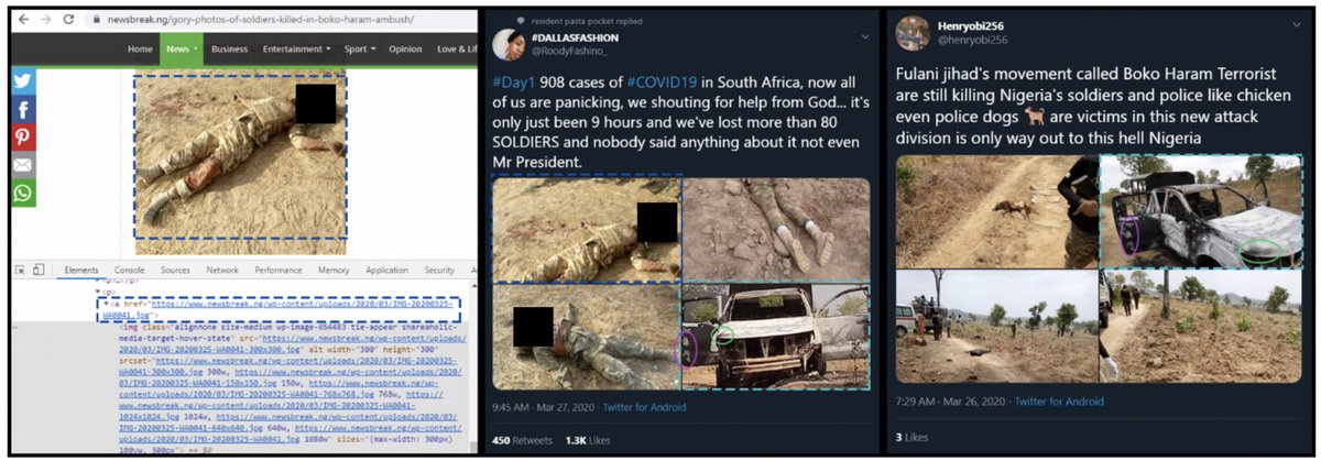 The (now suspended) Twitter user  @RoodyFashinoSA, linked to clothing brand company based in Despatch, claimed 80 SANDF soldiers died within 9 hours of the lockdown being implemented. But the images were of Nigerian casualties following a Boko Haram ambush in March.